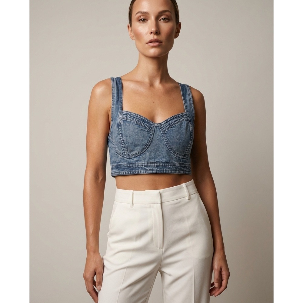 Free People Denim Bustier Crop Top Blue Acid Wash Cotton Linen‎  Womens M
